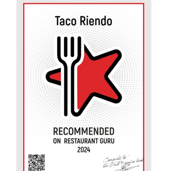 Taco Riendo's 2024 Restaurant Guru recommendation certificate, featuring a red star and fork logo.