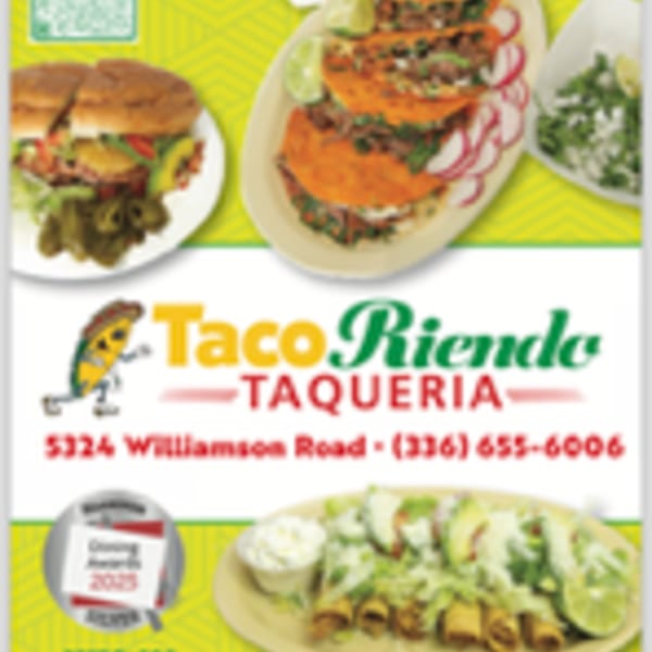 A menu for Taco Riendo Taqueria featuring a torta, tacos, and flautas.