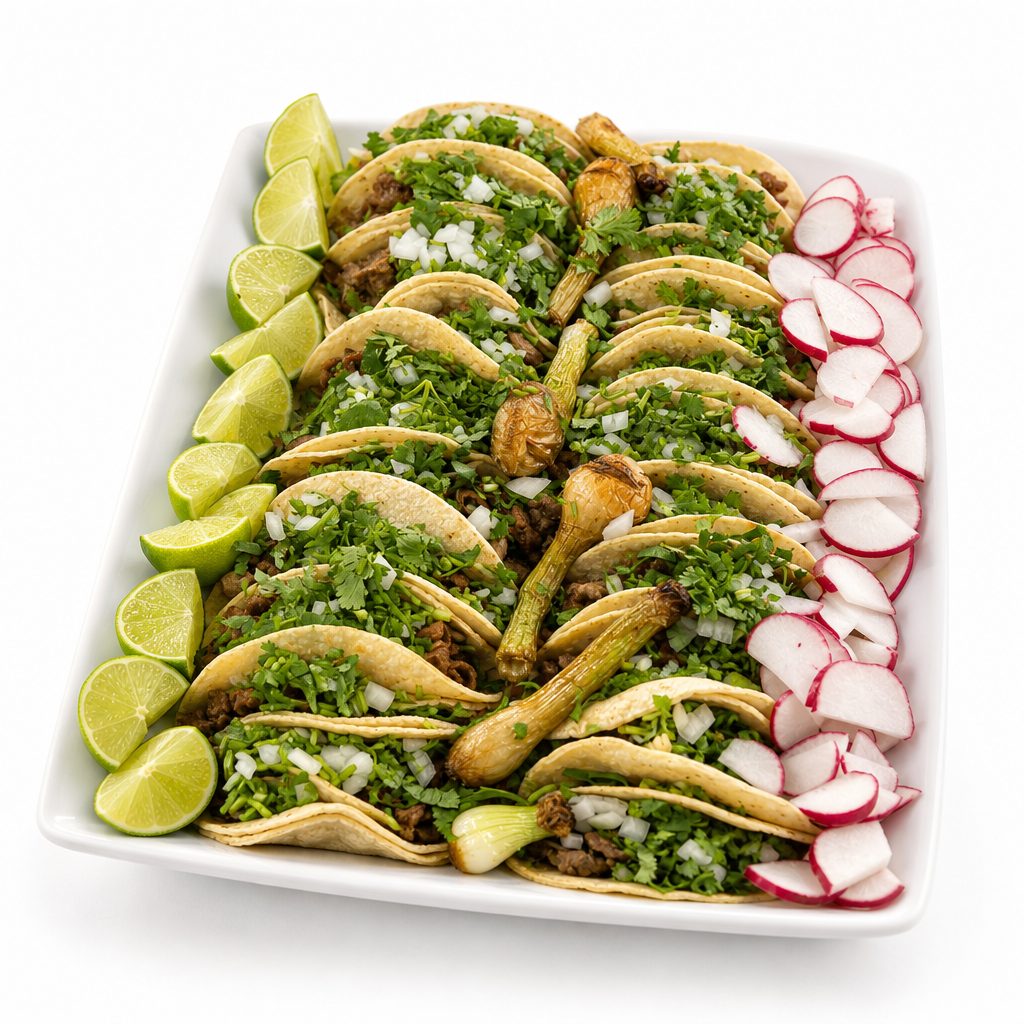 25 Taco Tray Of Lengua Or Asada Or Barbacoa.